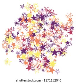 Doodle Stars. Hand Drawn Festive Background for Card, Poster, Banner. Bright Starry Pattern with Simple Freehand Elements. Trendy Vector Background for Party Decoration.
