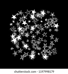Doodle Stars. Hand Drawn Festive Background for Print, Card, Poster. Bright Starry Pattern with Simple Childish Elements. Trendy Vector Background for Party Decoration.