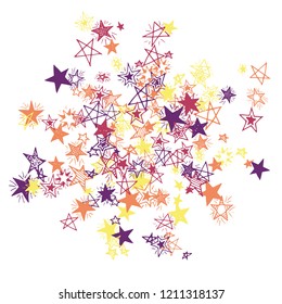 Doodle Stars. Hand Drawn Festive Background for Placard, Cover, Brochure. Bright Starry Pattern with Simple Freehand Elements. Modern Vector Background for Party Decoration.