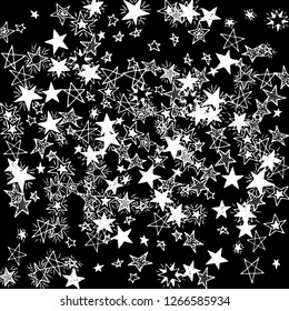 Doodle Stars. Hand Drawn Festive Background for Placard, Cover, Banner. Bright Starry Pattern with Simple Childish Elements. Funny Vector Background for Party Decoration.