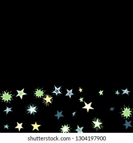 Doodle Stars. Hand Drawn Festive Background for Placard, Cover, Brochure. Bright Starry Pattern with Simple Childish Elements. Cute Vector Background for Party Decoration.