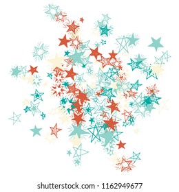 Doodle Stars. Hand Drawn Holiday Background for Print, Cover, Brochure. Bright Starry Pattern with Simple Freehand Elements. Pretty Vector Background for Party Decoration.