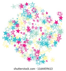 Doodle Stars. Hand Drawn Holiday Background for Card, Poster, Banner. Bright Starry Pattern with Simple Freehand Elements. Trendy Vector Background for Party Decoration.