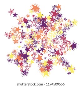 Doodle Stars. Hand Drawn Holiday Background for Print, Card, Brochure. Bright Starry Pattern with Simple Freehand Elements. Pretty Vector Background for Party Decoration.