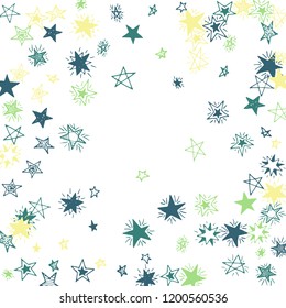 Doodle Stars. Hand Drawn Holiday Background for Placard, Poster, Banner. Bright Starry Pattern with Simple Childish Elements. Modern Vector Background for Party Decoration.