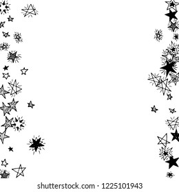 Doodle Stars. Hand Drawn Holiday Background for Placard, Cover, Brochure. Bright Starry Pattern with Simple Childish Elements. Trendy Vector Background for Party Decoration.