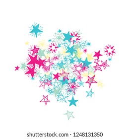 Doodle Stars. Hand Drawn Holiday Background for Print, Card, Brochure. Bright Starry Pattern with Simple Freehand Elements. Pretty Vector Background for Party Decoration.