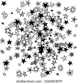 Doodle Stars. Hand Drawn New Year Background for Placard, Cover, Brochure. Bright Starry Pattern with Simple Childish Elements. Trendy Vector Background for Party Decoration.