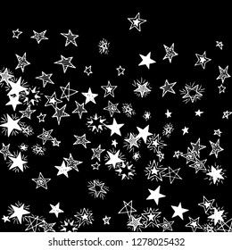 Doodle Stars. Hand Drawn New Year Background for Print, Card, Brochure. Bright Starry Pattern with Simple Childish Elements. Pretty Vector Background for Party Decoration.