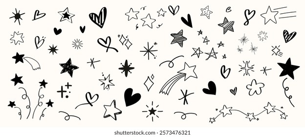 Doodle stars and hearts, black and white doodles, whimsical stars, playful hearts, hand-drawn stars, charming hearts, artistic doodles, star and heart designs. Hand drawn vector set.