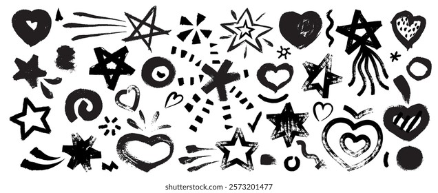 Doodle stars. Hearts graffiti, star abstract hand drawn, heart grunge sketch love elements, simple brush stroke cosmic and wedding icons brushy shapes. Vector isolated set.