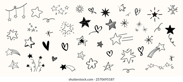 Doodle stars and hearts in various styles. Stars and hearts scattered, playful doodles. Hand-drawn stars and hearts, whimsical and fun designs. Hand drawn vector set.