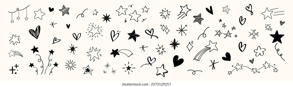 Doodle stars and hearts in various styles. Stars and hearts scattered. Playful  and  Hand-drawn and   Whimsical stars and hearts. Hand drawn vector set.