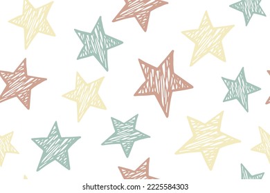Doodle stars magic vector seamless pattern. Universe background. New Year decoration. Wrapper or textile print with doodle stars. Baby clothes ornament.