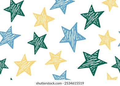 Doodle stars magic vector seamless pattern. Childish background. New Year decoration. Wrapper or textile print with doodle stars. Funny starry ornament.