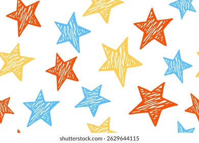 Doodle stars magic vector seamless pattern. Universe background. Christmas decoration. Wallpaper print with simple scribble stars. Funny starry ornament.