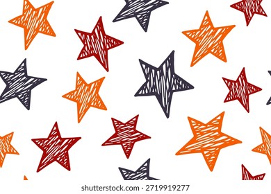 Doodle estrellas mágico Vector sin patrón. Fondo festivo. Decoración de cumpleaños. Envoltorio o estampado textil con estrellas doodle. Divertido adorno estrellado.