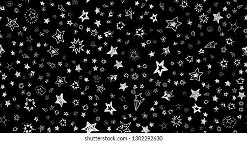 Doodle stars on black background. Scattered  hand drawn white star. Seamless pattern vector illustration for print, textile, paper.