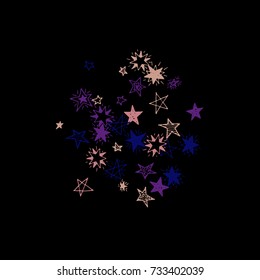 Doodle Stars on Black Background. Dark Pattern in Primitive Style. Cute Motif for Print or Decoration. Galaxy of Scribbled Stars on Night Sky.