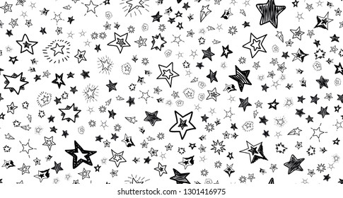 Doodle stars on white background. Scattered  hand drawn black star. Seamless pattern vector illustration for print, textile, paper.