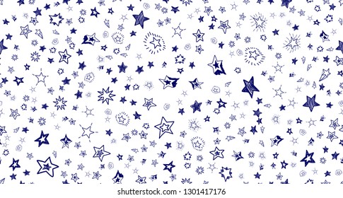 Doodle stars on white background. Scattered  hand drawn ink blue stars. Seamless pattern vector illustration for print, textile, paper.
