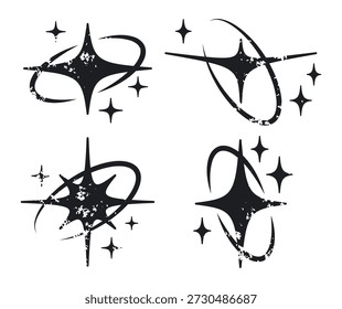 Doodle estrellas con marcos ovalados. Formas mágicas de elipse con estrellas y brillos, brillantes chispas Elementos Ilustración vectorial plana conjunto. Estrellas brillantes y2k en blanco