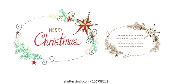 Doodle stars and pine tree branches frames set.