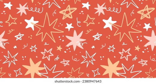 Doodle stars seamless pattern. Christmas, birthday red background with hand drawn geometric free forms, squiggles, abstract shapes. Vector illustration, naive art. Cheerful vintage banner.
