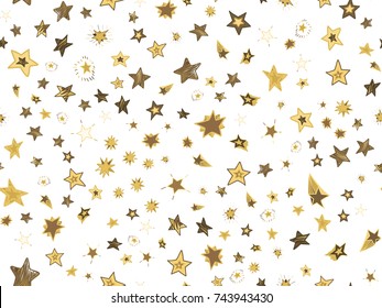 Doodle stars seamless pattern. Hand drawn stars confetti on white background. Vector background illustration for print, textile, paper.