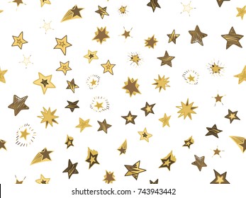 Doodle stars seamless pattern. Hand drawn stars confetti on white background. Vector background illustration for print, textile, paper.
