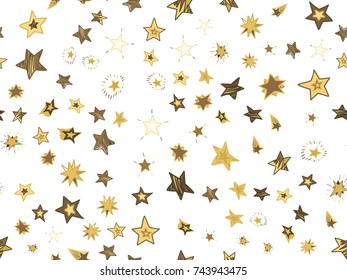 Doodle stars seamless pattern. Hand drawn stars confetti on white background. Vector background illustration for print, textile, paper.