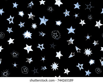 Doodle stars seamless pattern. Hand drawn stars confetti on black background. Vector  illustration for print, textile, paper.