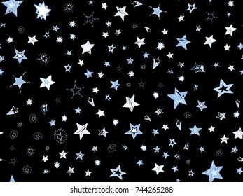 Doodle stars seamless pattern. Hand drawn stars confetti on black background. Vector  illustration for print, textile, paper.