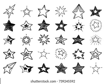Doodle stars set. Many cute hand drawn stars on white background. Vector illustration for print, textile, paper.