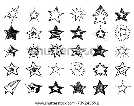 Doodle stars set. Many cute hand drawn stars on white background. Vector illustration for print, textile, paper.