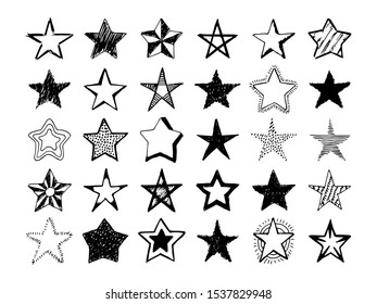 Doodle stars. Set of thirty black hand drawn stars isolated on white background. Vector illustration