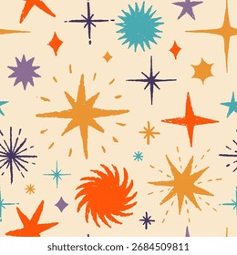 Doodle stars and sparkles seamless pattern, backgorund. Cute hand-drawn illustration