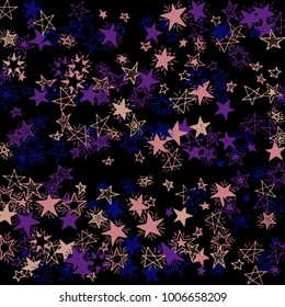 Doodle Stars. Starry Stripes in Simple Style On Black Background. Childish Background for Print, Decoration or Card. Cute Doodle Pattern.