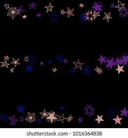 Doodle Stars. Starry Stripes in Simple Style On Black Background. Childish Background for Print, Decoration or Card. Cute Doodle Pattern.