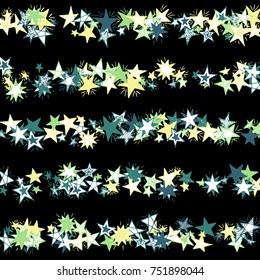 Doodle Stars. Starry Stripes in Simple Style On Black Background. Childish Background for Print, Decoration or Card. Cute Doodle Pattern.