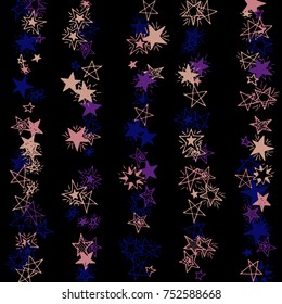 Doodle Stars. Starry Stripes in Simple Style On Black Background. Childish Background for Print, Decoration or Card. Cute Doodle Pattern.