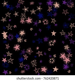 Doodle Stars. Starry Stripes in Simple Style On Black Background. Childish Background for Print, Decoration or Card. Cute Doodle Pattern.