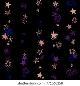 Doodle Stars. Starry Stripes in Simple Style On Black Background. Childish Background for Print, Decoration or Card. Cute Doodle Pattern.