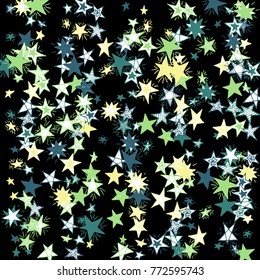 Doodle Stars. Starry Stripes in Simple Style On Black Background. Childish Background for Print, Decoration or Card. Cute Doodle Pattern.