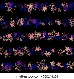 Doodle Stars. Starry Stripes in Simple Style On Black Background. Childish Background for Print, Decoration or Card. Cute Doodle Pattern.