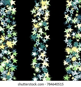 Doodle Stars. Starry Stripes in Simple Style On Black Background. Childish Background for Print, Decoration or Card. Cute Doodle Pattern.