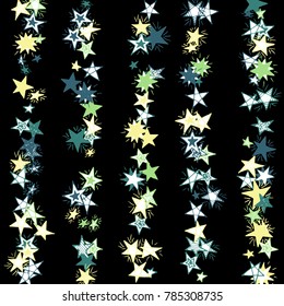 Doodle Stars. Starry Stripes in Simple Style On Black Background. Childish Background for Print, Decoration or Card. Cute Doodle Pattern.