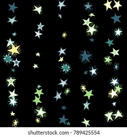 Doodle Stars. Starry Stripes in Simple Style On Black Background. Childish Background for Print, Decoration or Card. Cute Doodle Pattern.