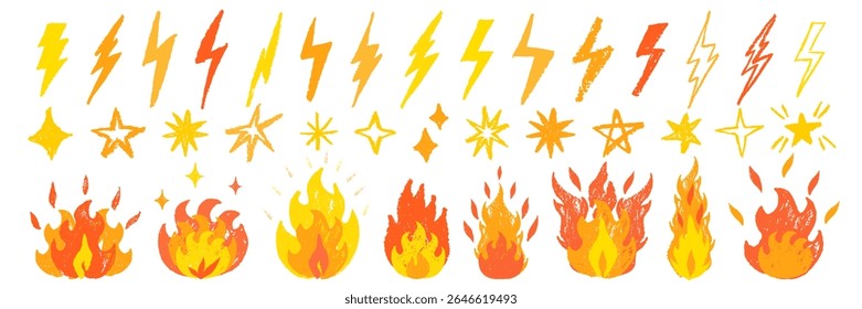 Doodle stars and thunders crayon elements. Set of yellow crayon fire illustration. Pastel doodle kids elements isolated on white background