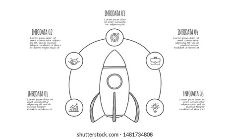 Doodle startup infographic with 5 options. Hand drawn icons. Thin line rocket illustration.
